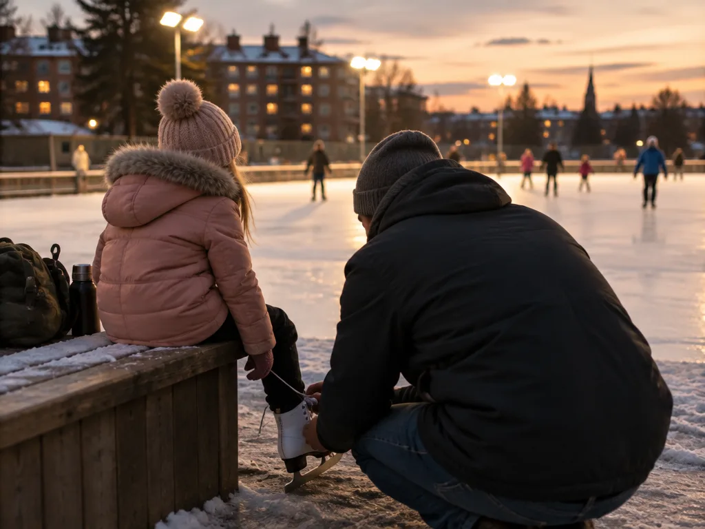 En pappa knyter sin dotters skridskor vid en utomhusrink en vinterkväll