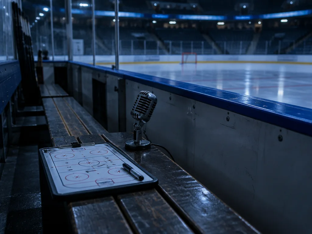 Tom spelarbänk i en hockeyarena med en taktiktavla och en radiomikrofon på bänken