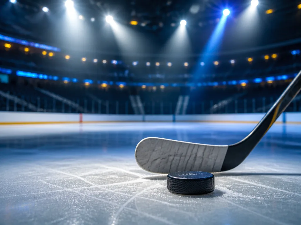 Hockeyklubba och puck på nybonad is i en tom NHL-arena med dramatisk belysning